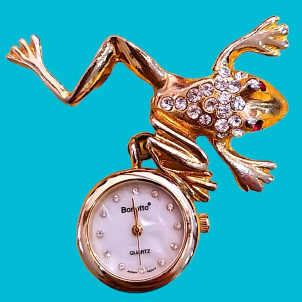 BONETTO CRYSTAL FROG WATCH‎ BROOCH Vintage Japan Movement